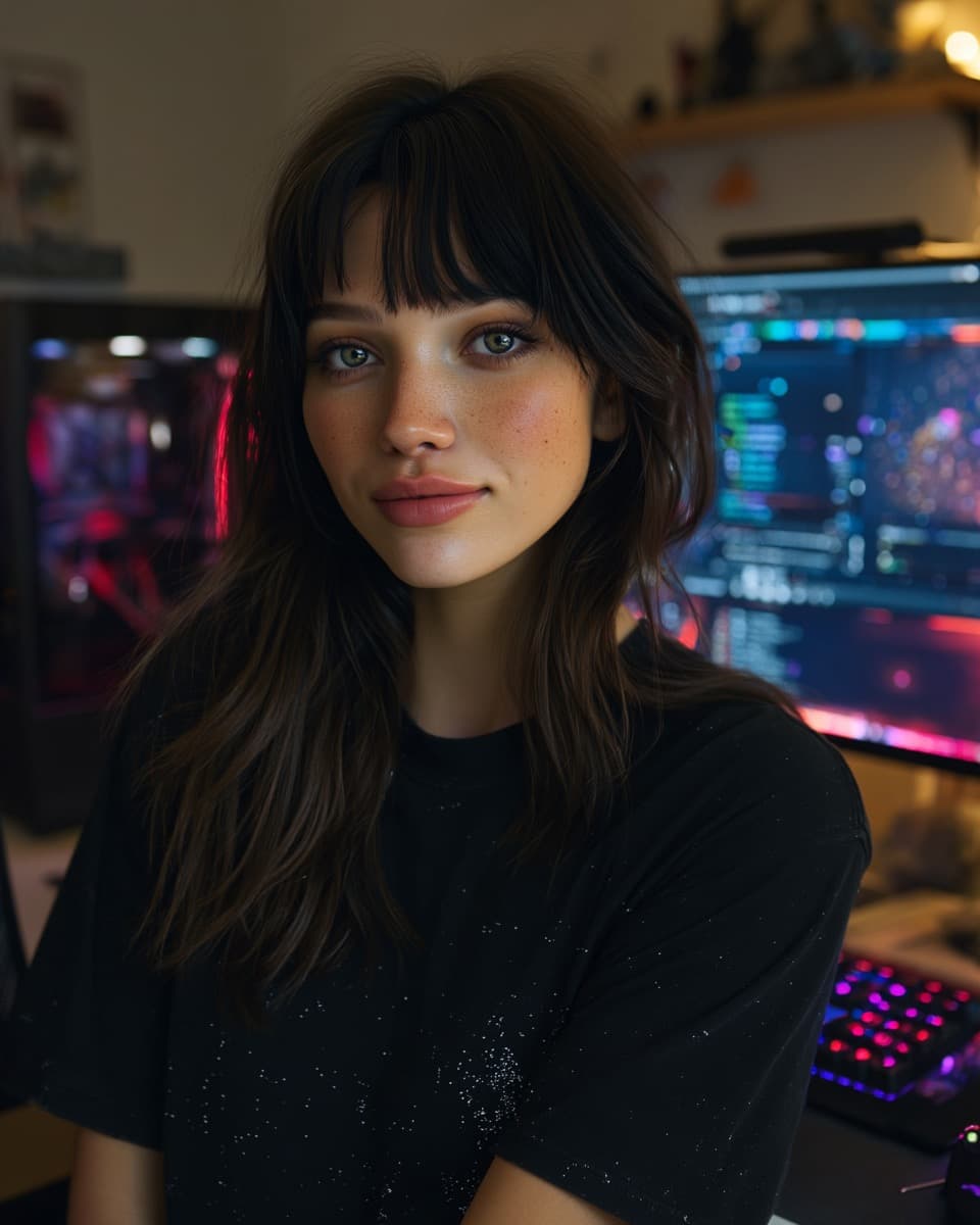 Tara, AI-Creatorin von Quantarah, in einer Dreiviertelansicht an einem Gaming- und Tech-Setup.