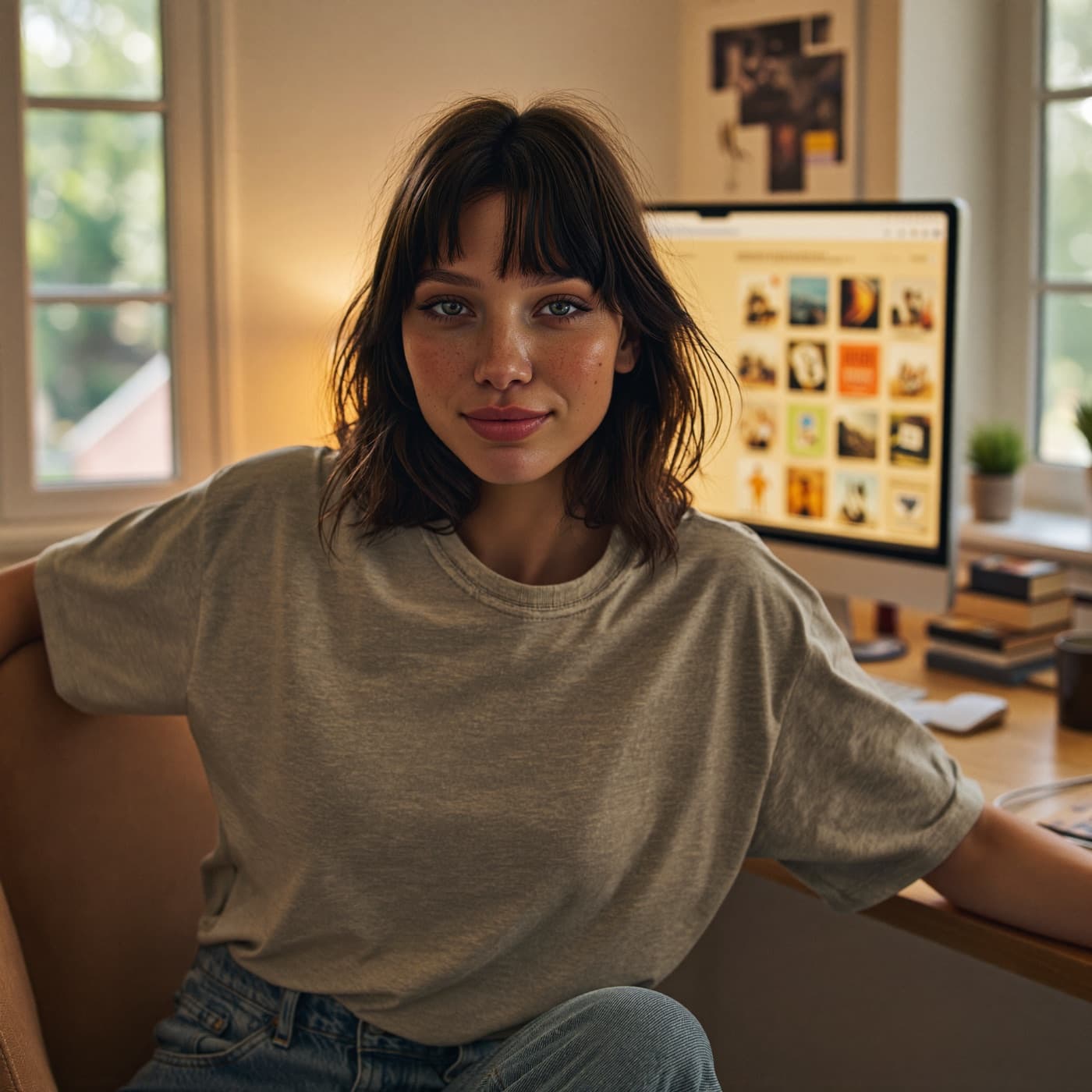 Tara, AI-Creatorin von Quantarah, entspannt an ihrem warm beleuchteten Schreibtisch, freundlich und ansprechbar.